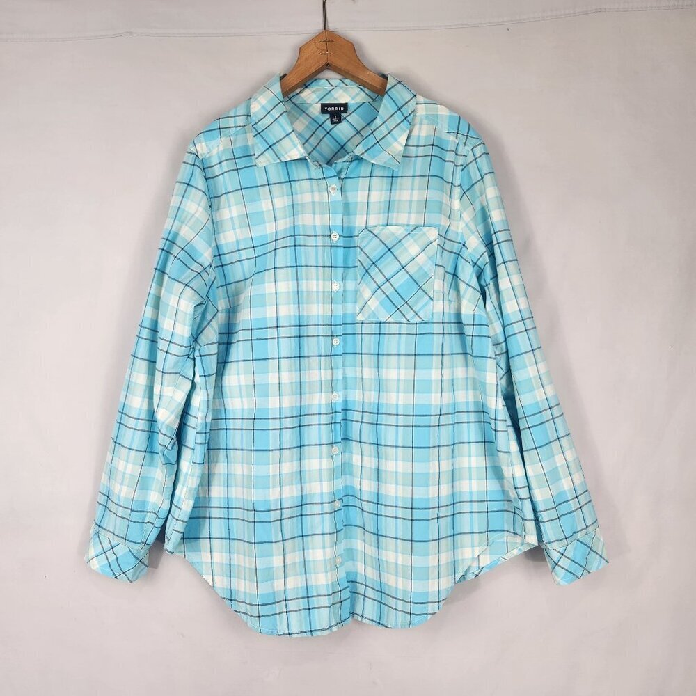 Torrid Button Up Shirt Women's 1X Blue White Plaid Cotton Long Sleeve Pocket